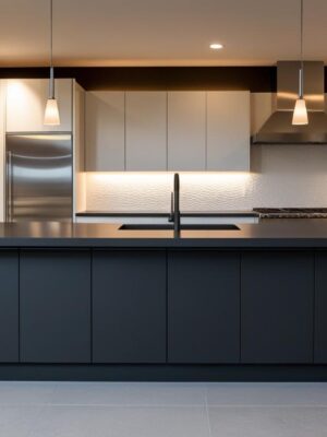 Contemporary Matte-Finish Island Kitchen with Soft Ambient Lighting