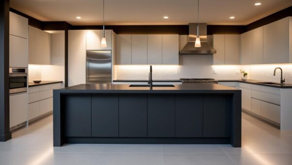 Contemporary Matte-Finish Island Kitchen with Soft Ambient Lighting