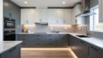 L-shaped kitchen with pure white and slate grey finish