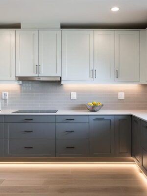 L-shaped kitchen with pure white and slate grey finish