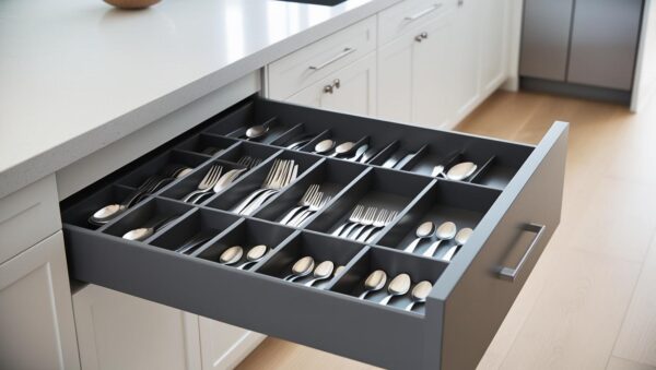 L-shaped kitchen with pure white and slate grey finish