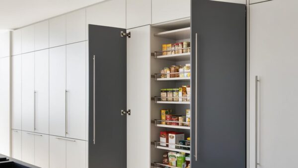 L-shaped kitchen with pure white and slate grey finish