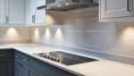 L-shaped kitchen with pure white and slate grey finish