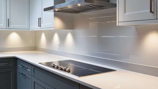 L-shaped kitchen with pure white and slate grey finish