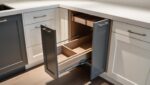 L-shaped kitchen with pure white and slate grey finish