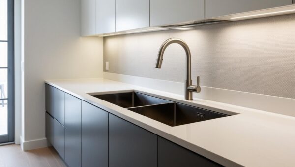 L-shaped kitchen with pure white and slate grey finish