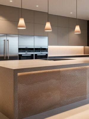 Stone-Finish Island Kitchen with a Modern Touch