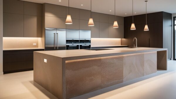Stone-Finish Island Kitchen with a Modern Touch