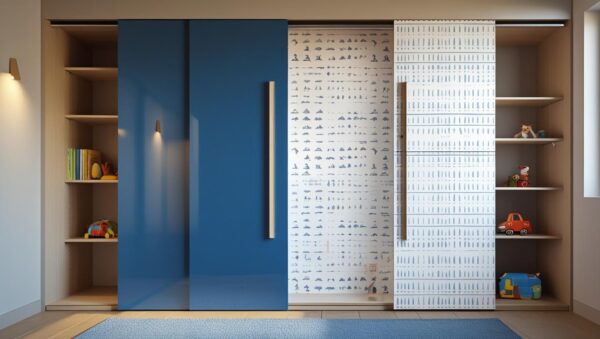 Sliding Wardrobe with Blue and Digital Print Laminate
